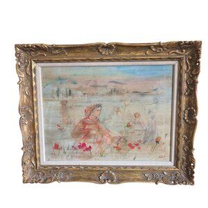 Sign Edna Hibel Harvesting The Field Oil on Board Female Portrait Landscape Art